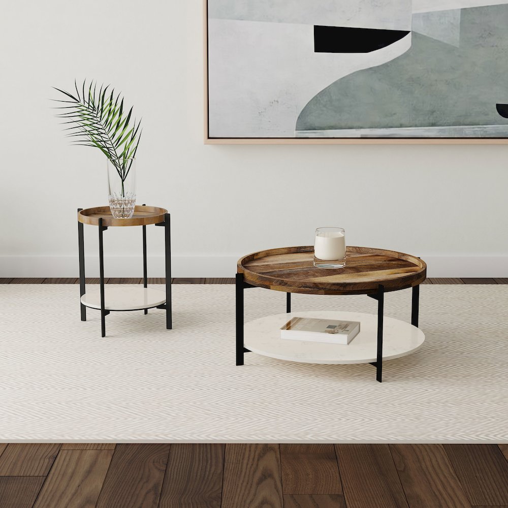 Adhvik Round Wood Top Marble Shelf Coffee Table Natural