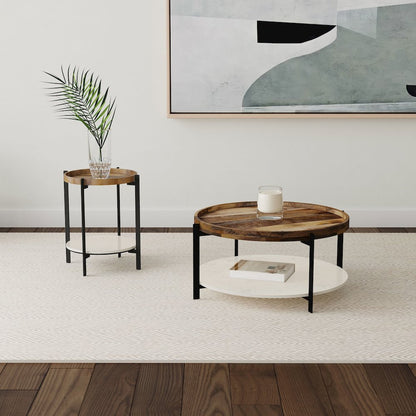 Adhvik Round Wood Top Marble Shelf Coffee Table Natural