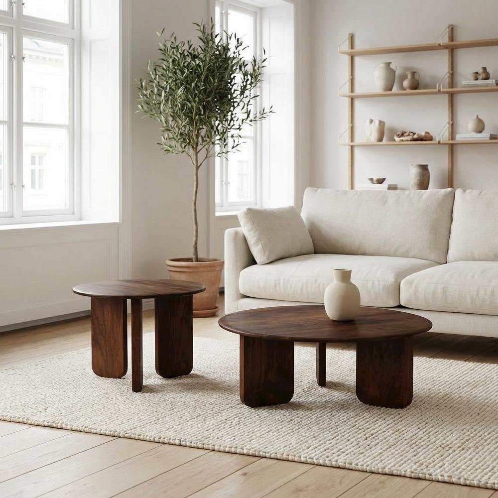 Brown 2-Piece Solid Wood Coffee and End Table Set with Round Shape