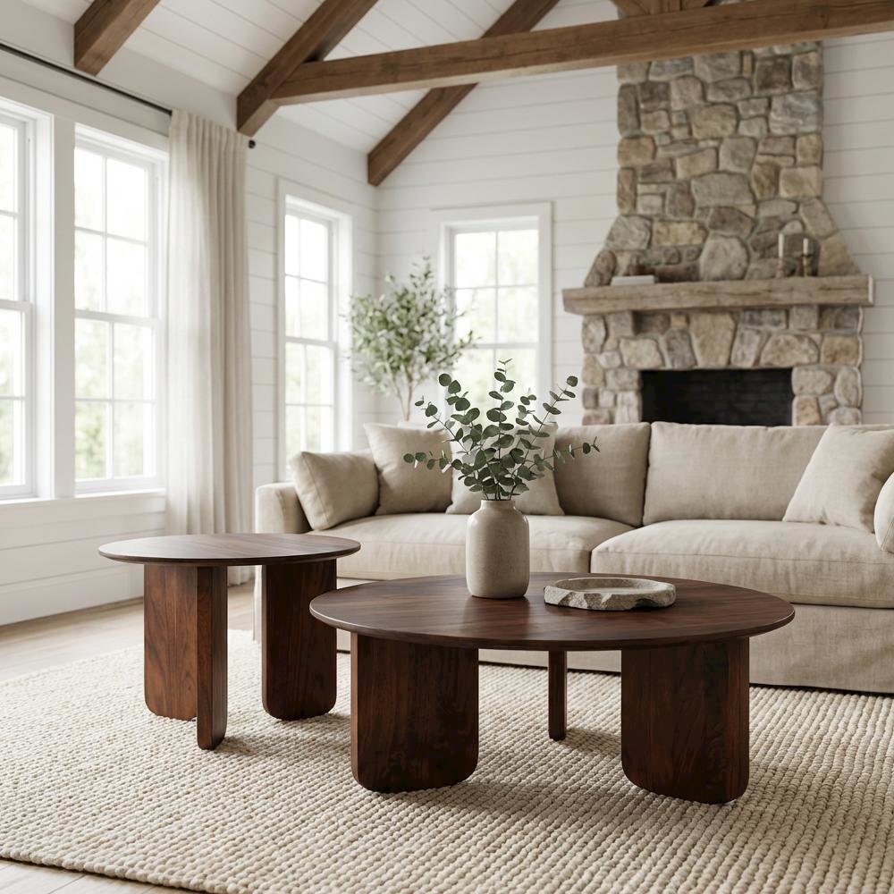 Brown 2-Piece Solid Wood Coffee and End Table Set with Round Shape