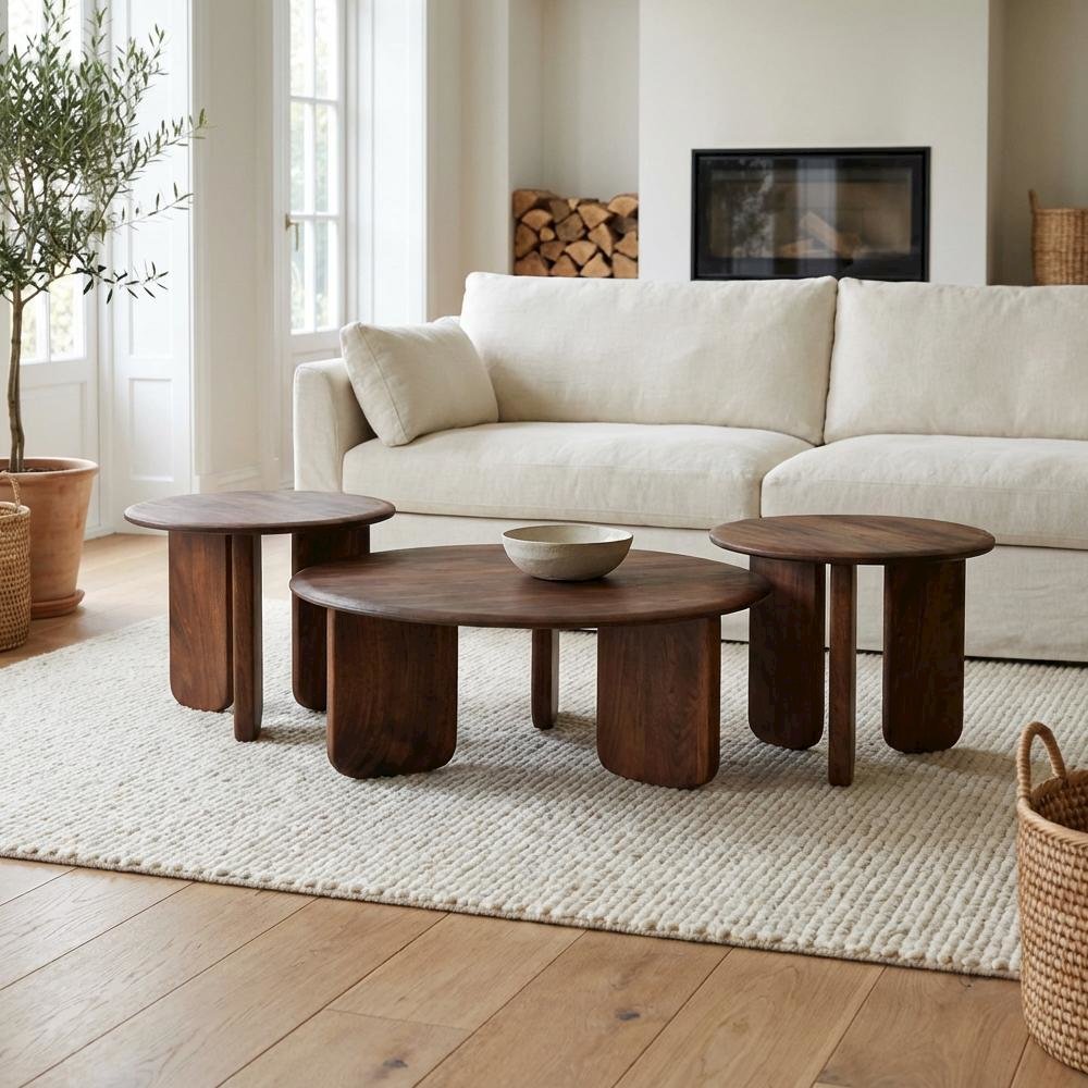 3-Piece Solid Wood Round Coffee and End Table Set Mid-Century Modern Design