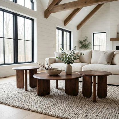 3-Piece Solid Wood Round Coffee and End Table Set Mid-Century Modern Design
