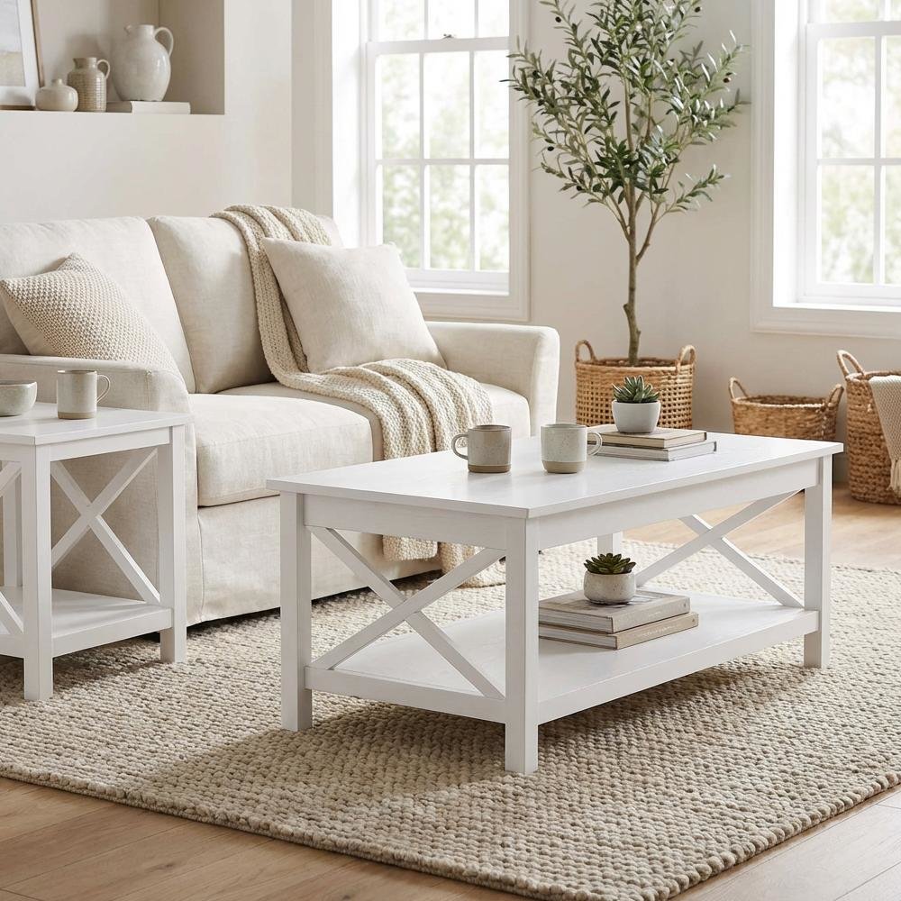 White 2-Piece Rectangular Lift Top Coffee Table Set with Coastal Style