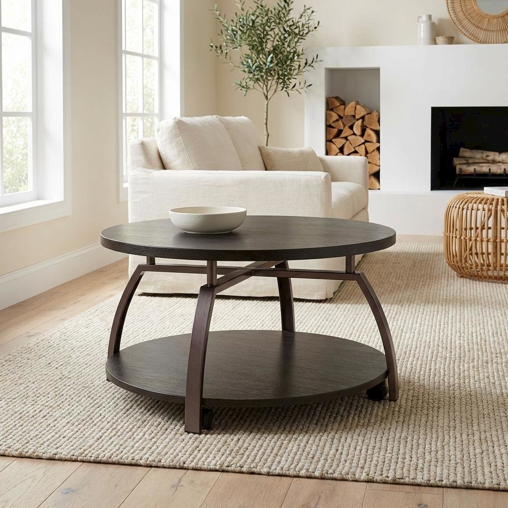 Round Dark Grey Coffee Table with Engineered Wood Top and Contemporary Design