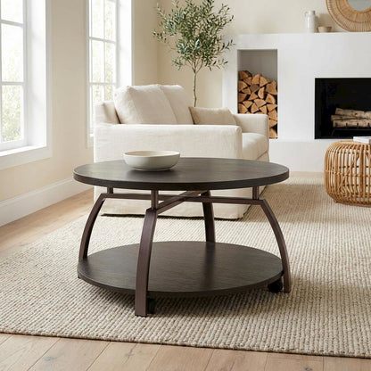 Round Dark Grey Coffee Table with Engineered Wood Top and Contemporary Design