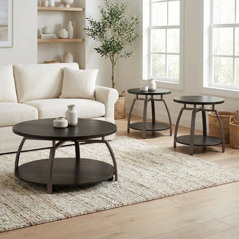 Dark Charcoal Round 3-Piece Coffee and End Table Set with Contemporary Design