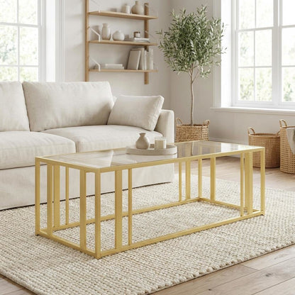 Rectangular Matte Brass Coffee Table with Glass Top and Contemporary Design