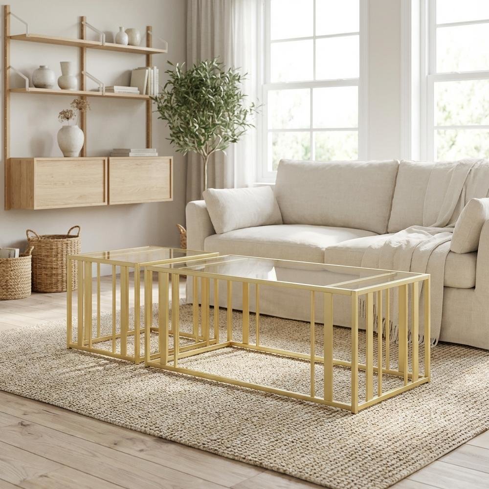 Matte Brass 2-Piece Coffee and End Table Set with Rectangular Shape