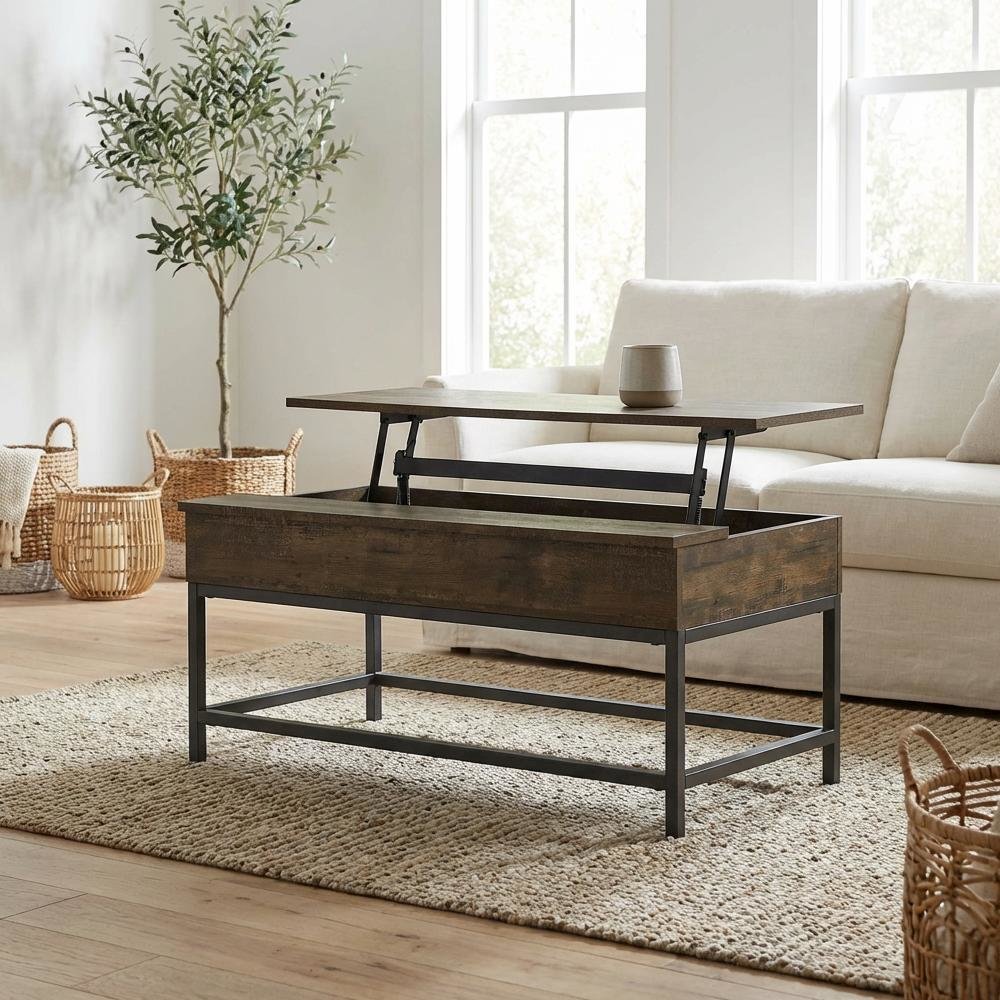 Brown Oak Lift Top Coffee Table with Rustic Rectangular Design and Storage Space
