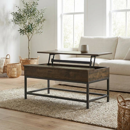 Brown Oak Lift Top Coffee Table with Rustic Rectangular Design and Storage Space