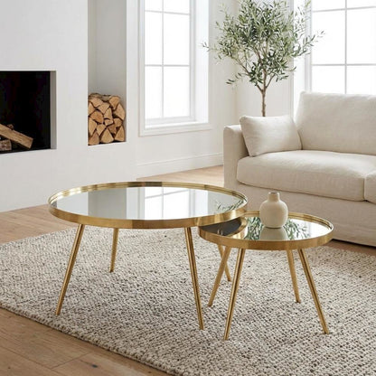 Gold Round Nesting Coffee Tables, Mirror Tops, 2-Piece Set, Contemporary Design