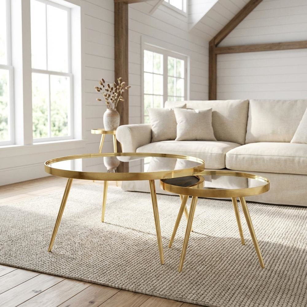 Gold Round Nesting Coffee Tables, Mirror Tops, 2-Piece Set, Contemporary Design