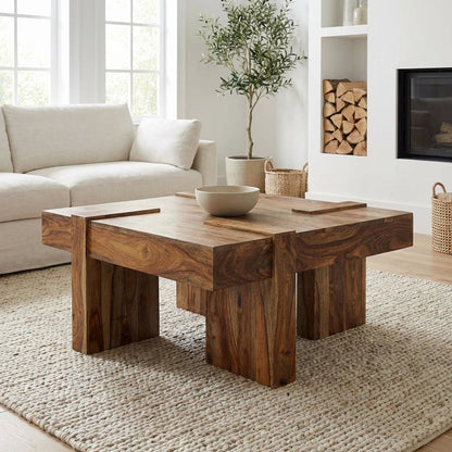 Square Sheesham Wood Coffee Table with Farmhouse Style and Sturdy Design