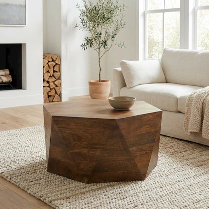 Hexagonal Solid Mango Wood Coffee Table Farmhouse Style