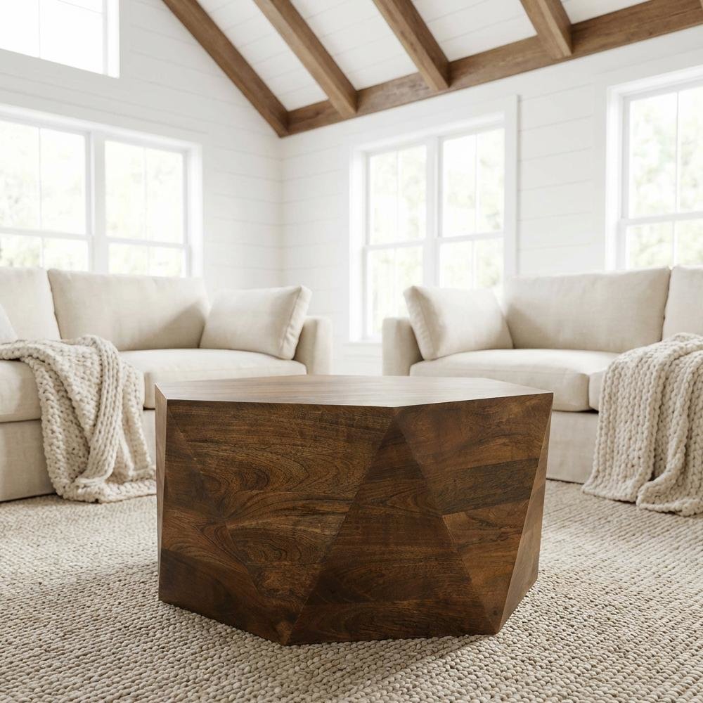 Hexagonal Solid Mango Wood Coffee Table Farmhouse Style