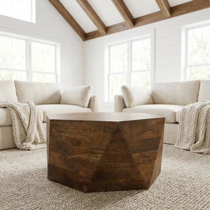 Hexagonal Solid Mango Wood Coffee Table Farmhouse Style