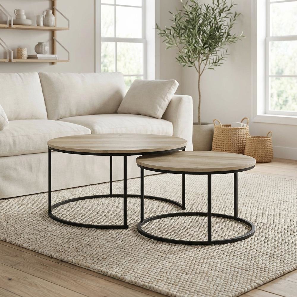Round Rustic 2-Piece Nesting Coffee Table Set with Plastic Glide and Full Shelf