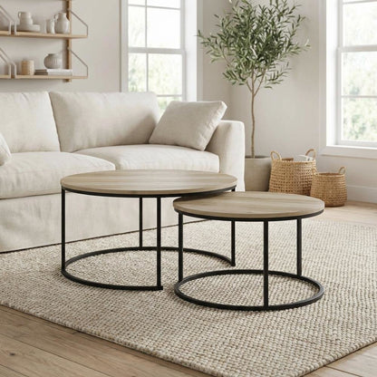 Round Rustic 2-Piece Nesting Coffee Table Set with Plastic Glide and Full Shelf