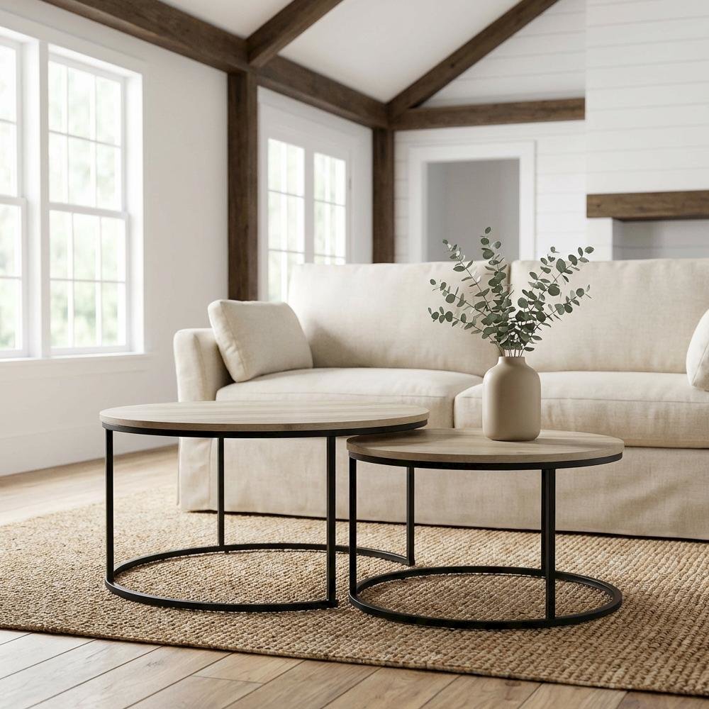 Round Rustic 2-Piece Nesting Coffee Table Set with Plastic Glide and Full Shelf