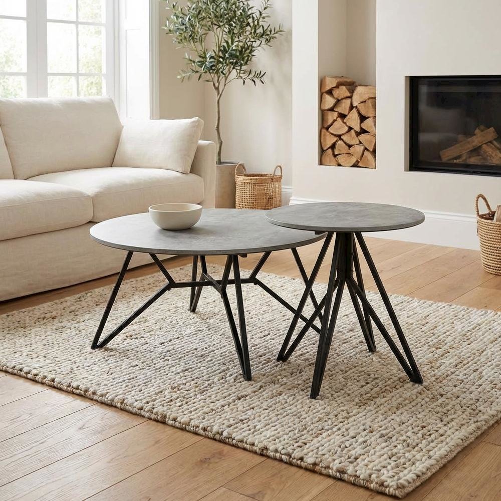 Round Cement Coffee and End Table Set 2-Piece Design with 200 lbs Capacity