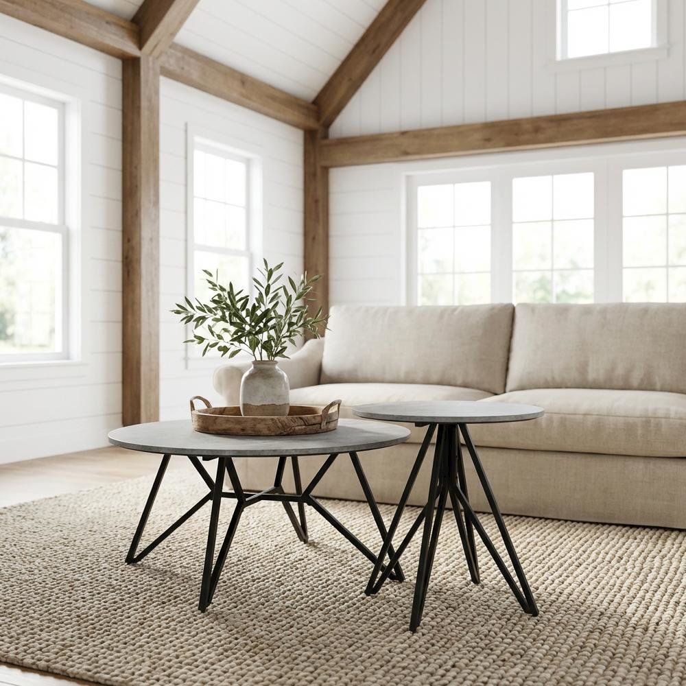 Round Cement Coffee and End Table Set 2-Piece Design with 200 lbs Capacity