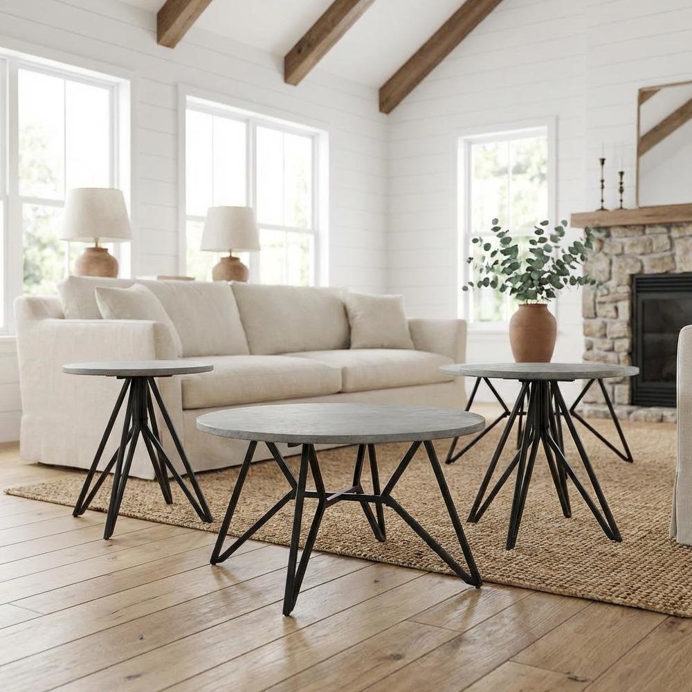 3-Piece Round Cement Coffee and End Table Set with Rustic Style