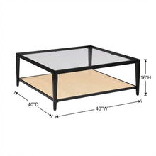 Black Glass Top Metal Coffee Table with Cane Shelf, Transitional Style