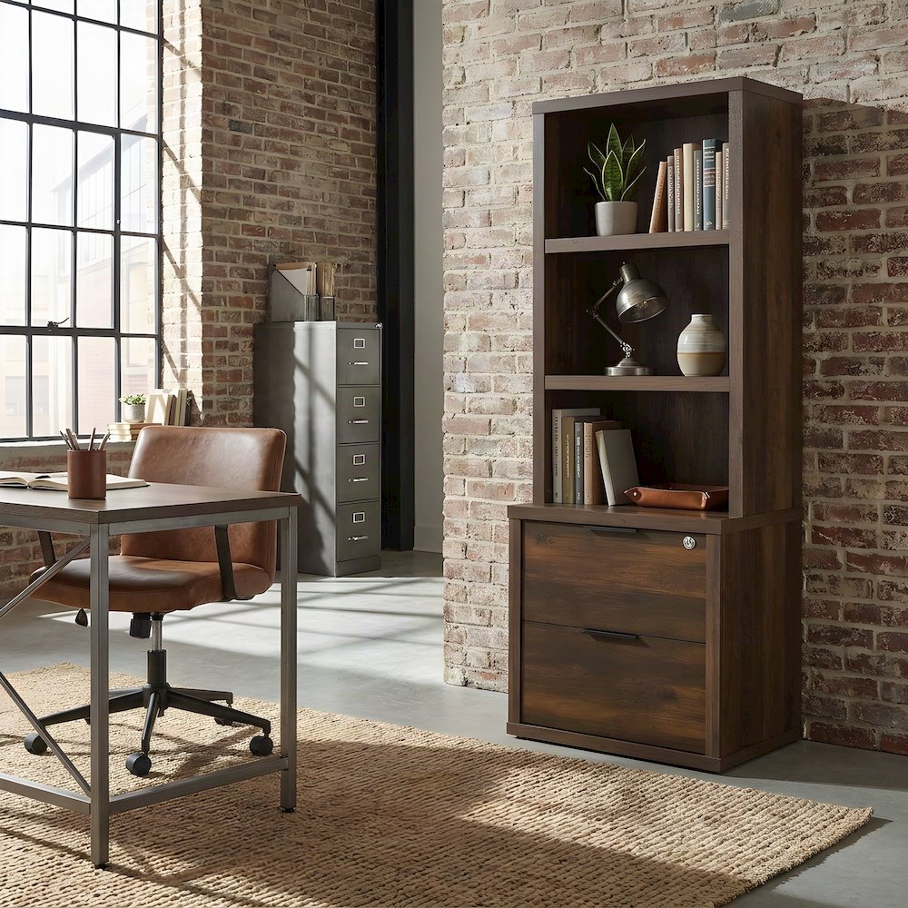 Melamine Tall Bookcase with Lockable Drawer and Storage Shelves, Dark Pine