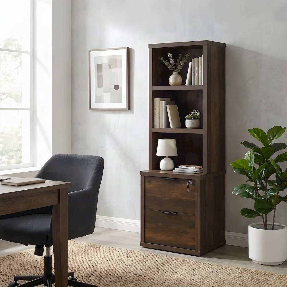 Melamine Tall Bookcase with Lockable Drawer and Storage Shelves, Dark Pine