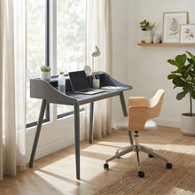 Mid-Century Modern Writing and Computer Desk with 4-Compartment Shelves, Grey