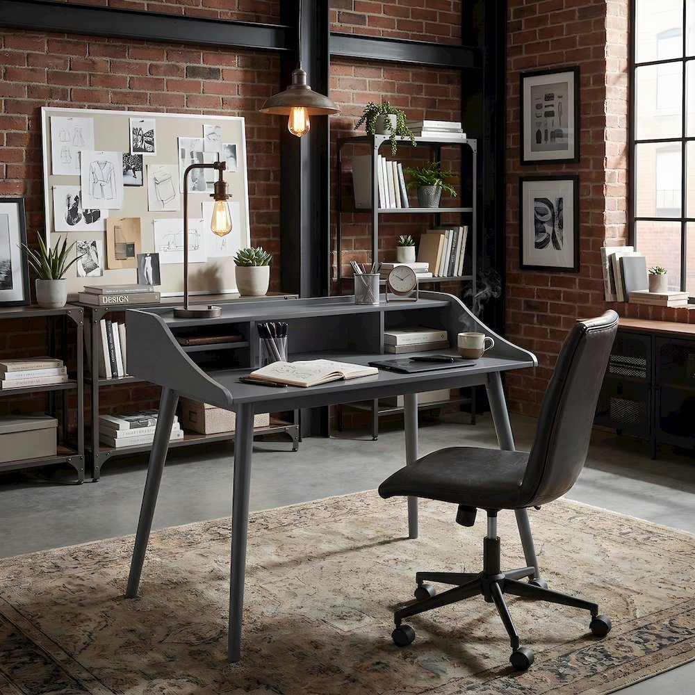 Mid-Century Modern Writing and Computer Desk with 4-Compartment Shelves, Grey