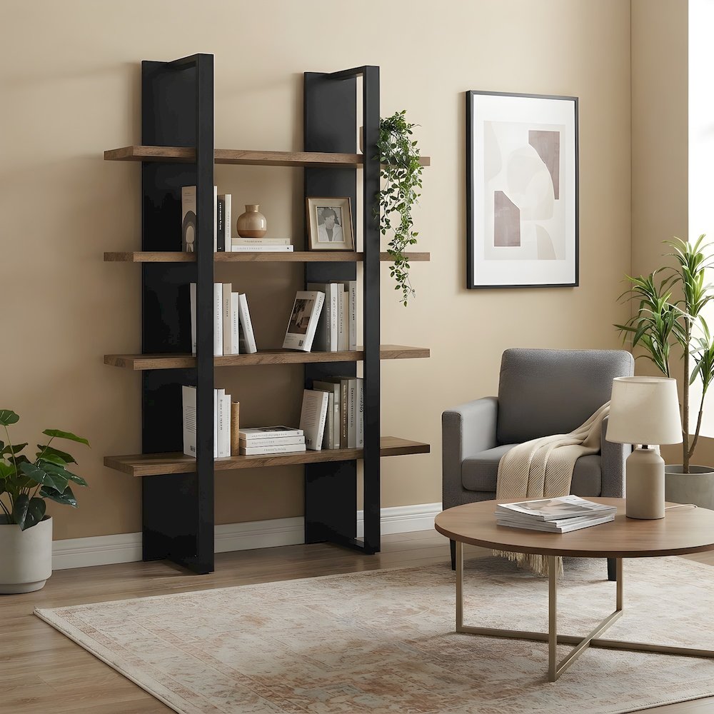 Engineered Wood Tall Wide Bookshelf with 4 Open Shelves, Black