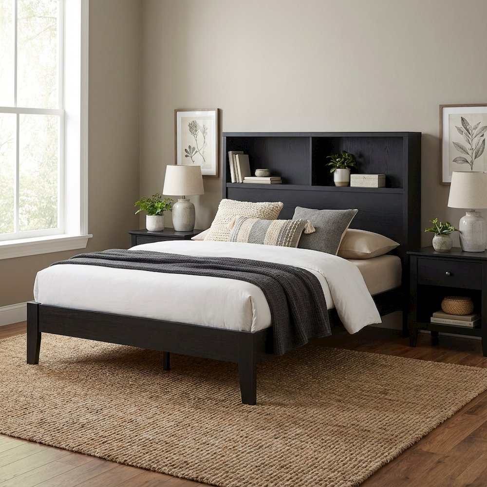 Twin Headboard Black with Bookcase Storage and Plastic Glide Levelers