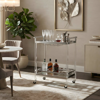 Acrylic Bar Cart with Chrome Frame and Rolling Glass Shelves with Storage, Clear
