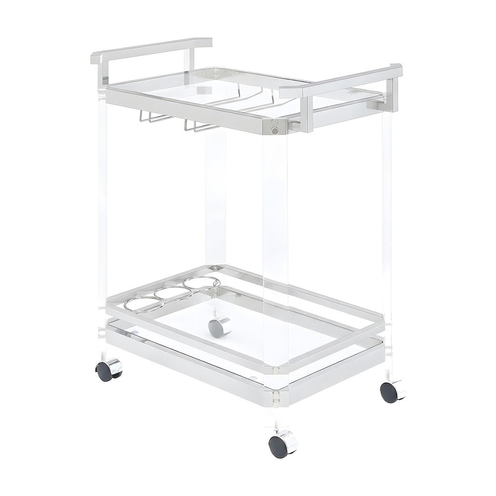 Acrylic Bar Cart with Chrome Frame and Rolling Glass Shelves with Storage, Clear