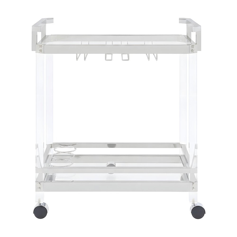 Acrylic Bar Cart with Chrome Frame and Rolling Glass Shelves with Storage, Clear