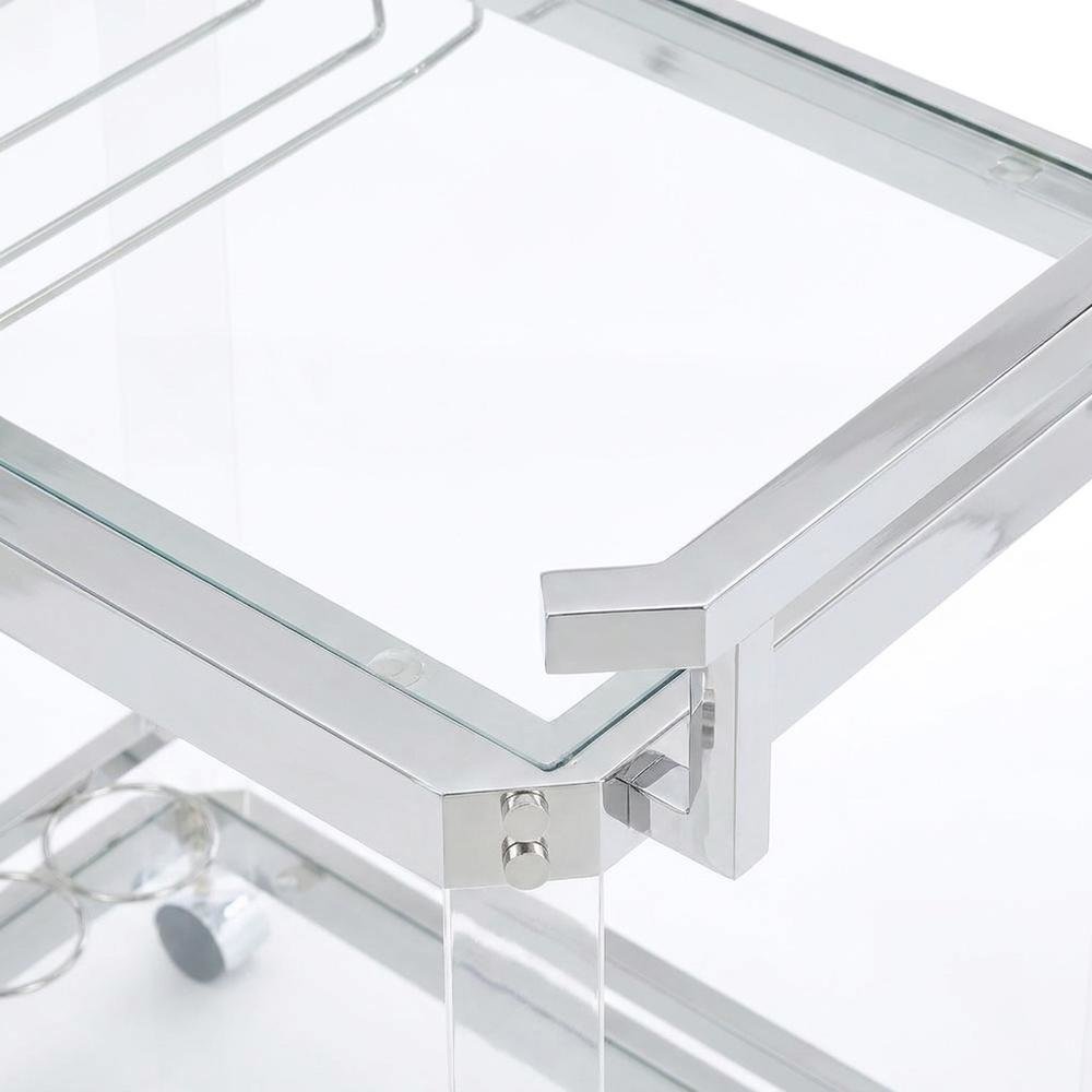 Acrylic Bar Cart with Chrome Frame and Rolling Glass Shelves with Storage, Clear