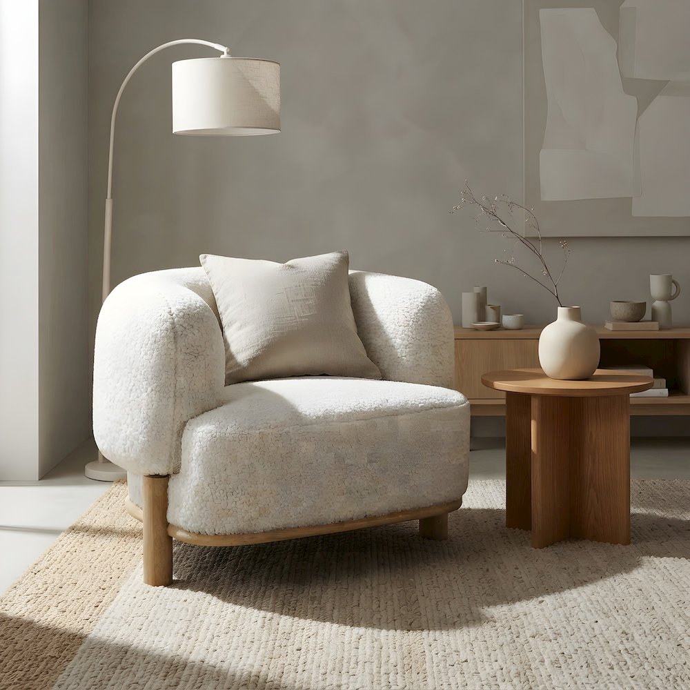 Upholstered Barrel Back Accent Chair with Wood Legs, Ivory