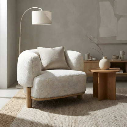 Upholstered Barrel Back Accent Chair with Wood Legs, Ivory