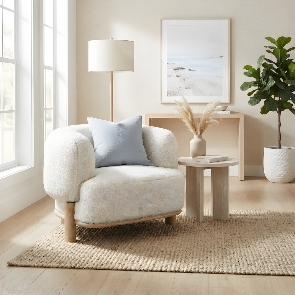 Upholstered Barrel Back Accent Chair with Wood Legs, Ivory