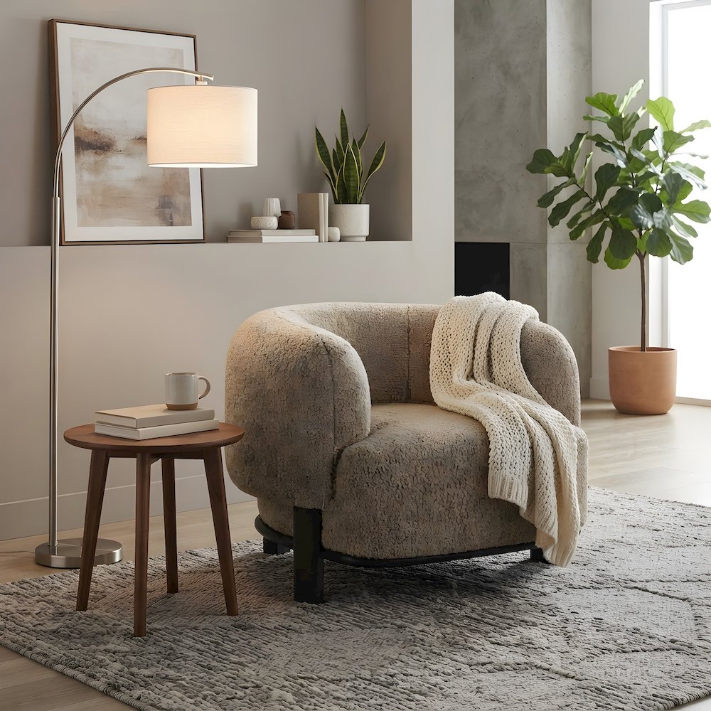 Upholstered Barrel Back Accent Chair with Wood Legs, Brown