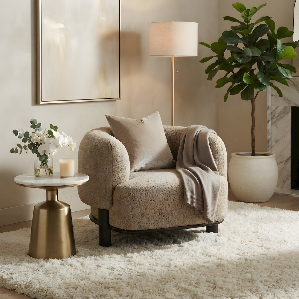 Upholstered Barrel Back Accent Chair with Wood Legs, Brown