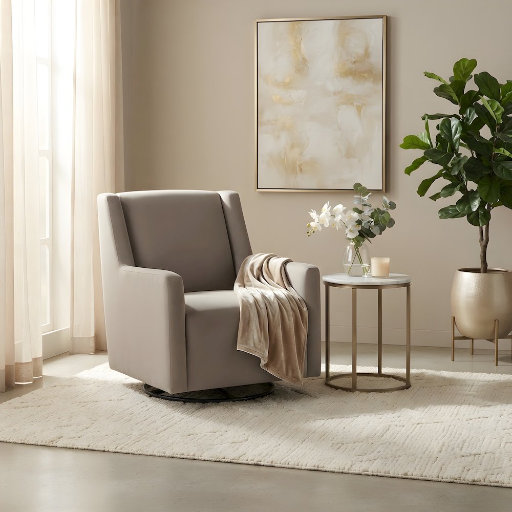 Fabric Upholstered Swivel Glider Chair, Accent Chair for Living Room, Latte