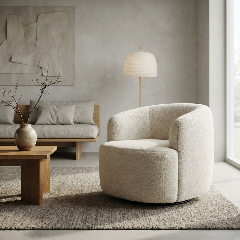 FurniFact Faux Sheepskin Upholstered Swivel Chair with Spin Base, Ivory