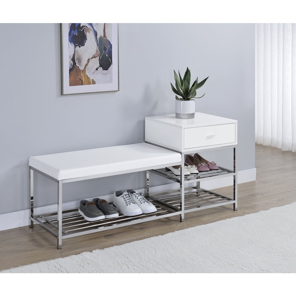 Siega 1-Drawer Shoe Storage Entryway Bench White High Gloss and Chrome