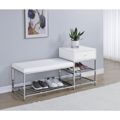 Siega 1-Drawer Shoe Storage Entryway Bench White High Gloss and Chrome