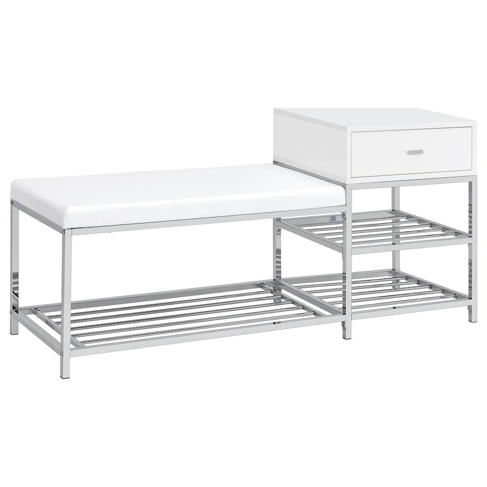 Siega 1-Drawer Shoe Storage Entryway Bench White High Gloss and Chrome