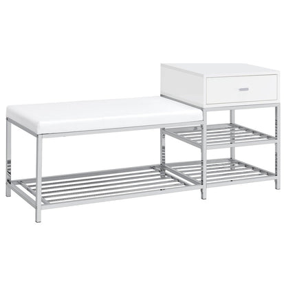 Siega 1-Drawer Shoe Storage Entryway Bench White High Gloss and Chrome