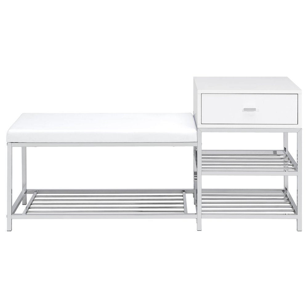 Siega 1-Drawer Shoe Storage Entryway Bench White High Gloss and Chrome