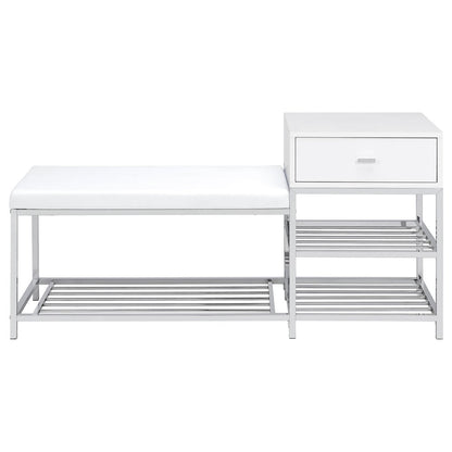 Siega 1-Drawer Shoe Storage Entryway Bench White High Gloss and Chrome